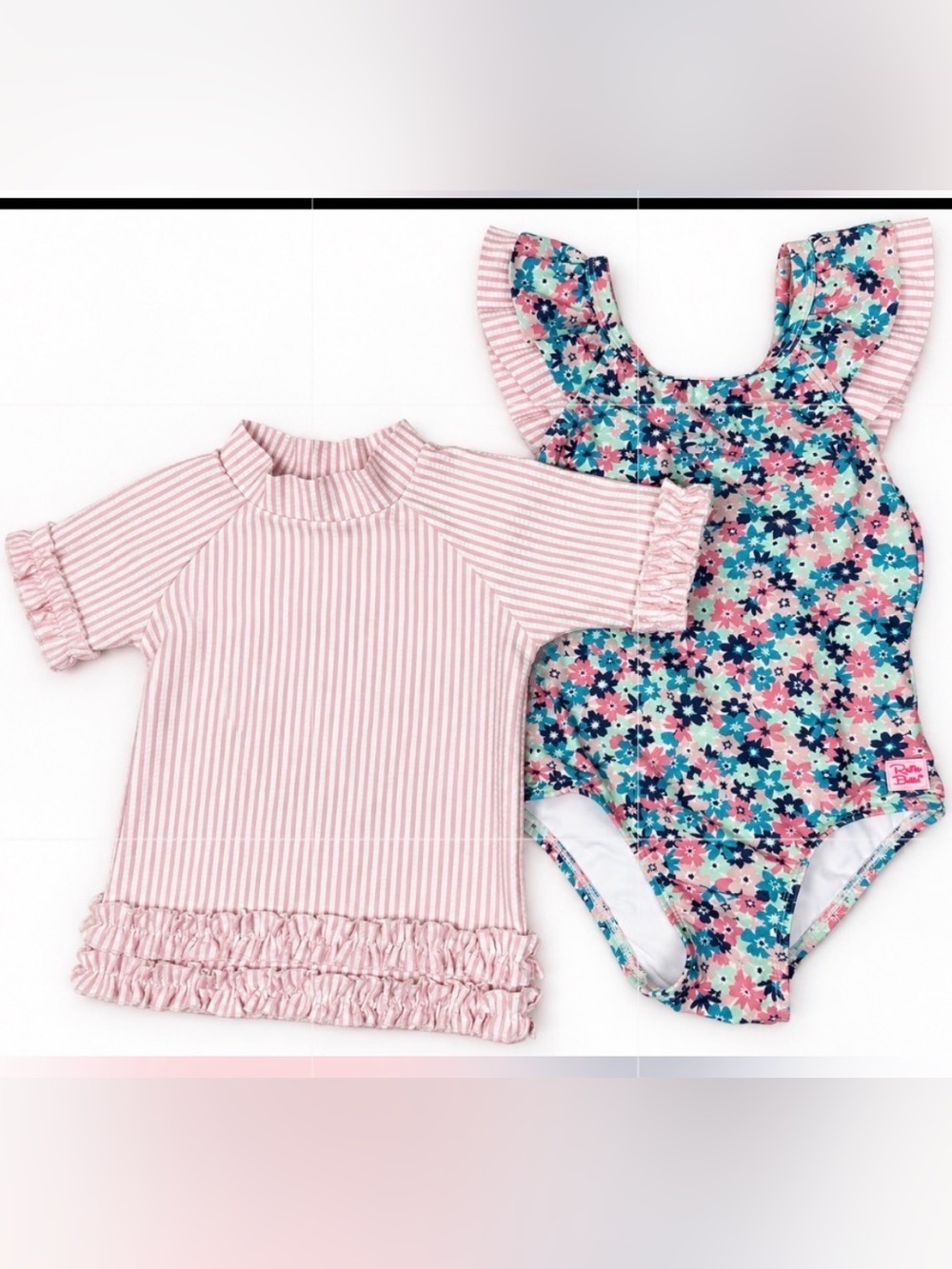 Ruffle Butts 2 Pc Swim Set Swimsuit Sz 5 & Rashguard Shirt 3T Pink Stripe Floral